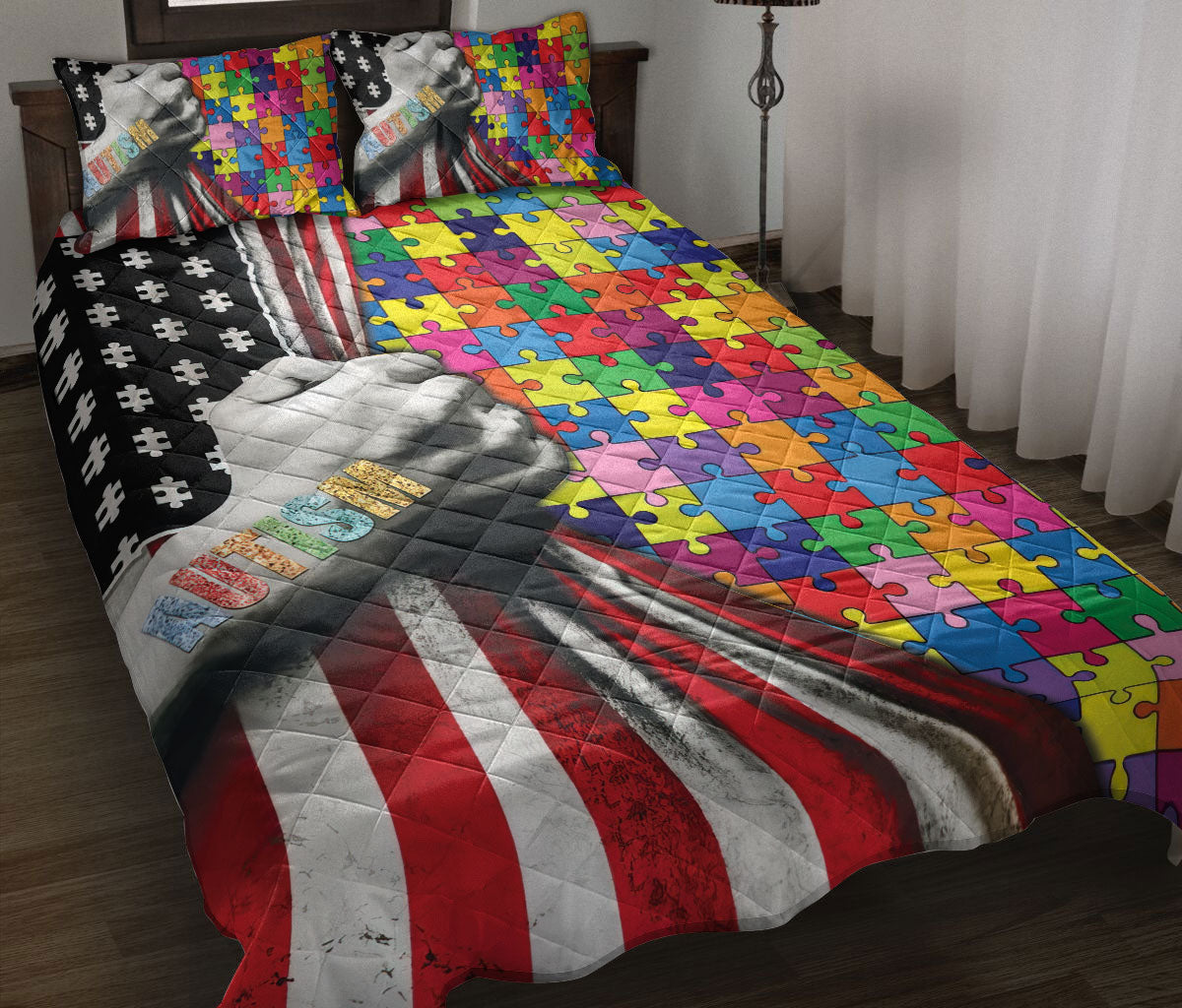 Autism Quilt Set, Autism Awareness Asd American Us Flag Support Quilt Blanket With Pillowcases, Quilt Bedding Set