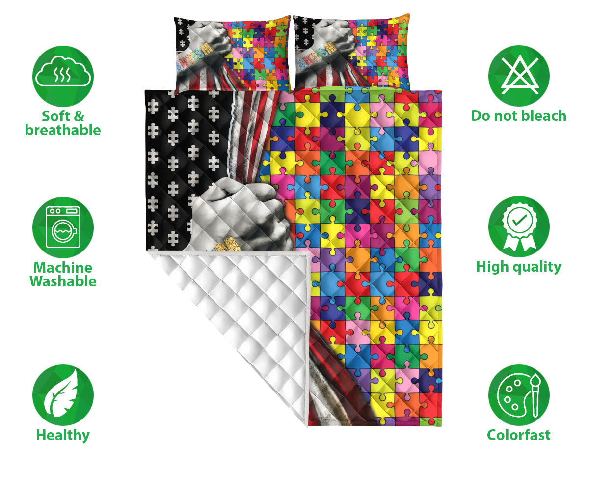 Autism Quilt Set, Autism Awareness Asd American Us Flag Support Quilt Blanket With Pillowcases, Quilt Bedding Set