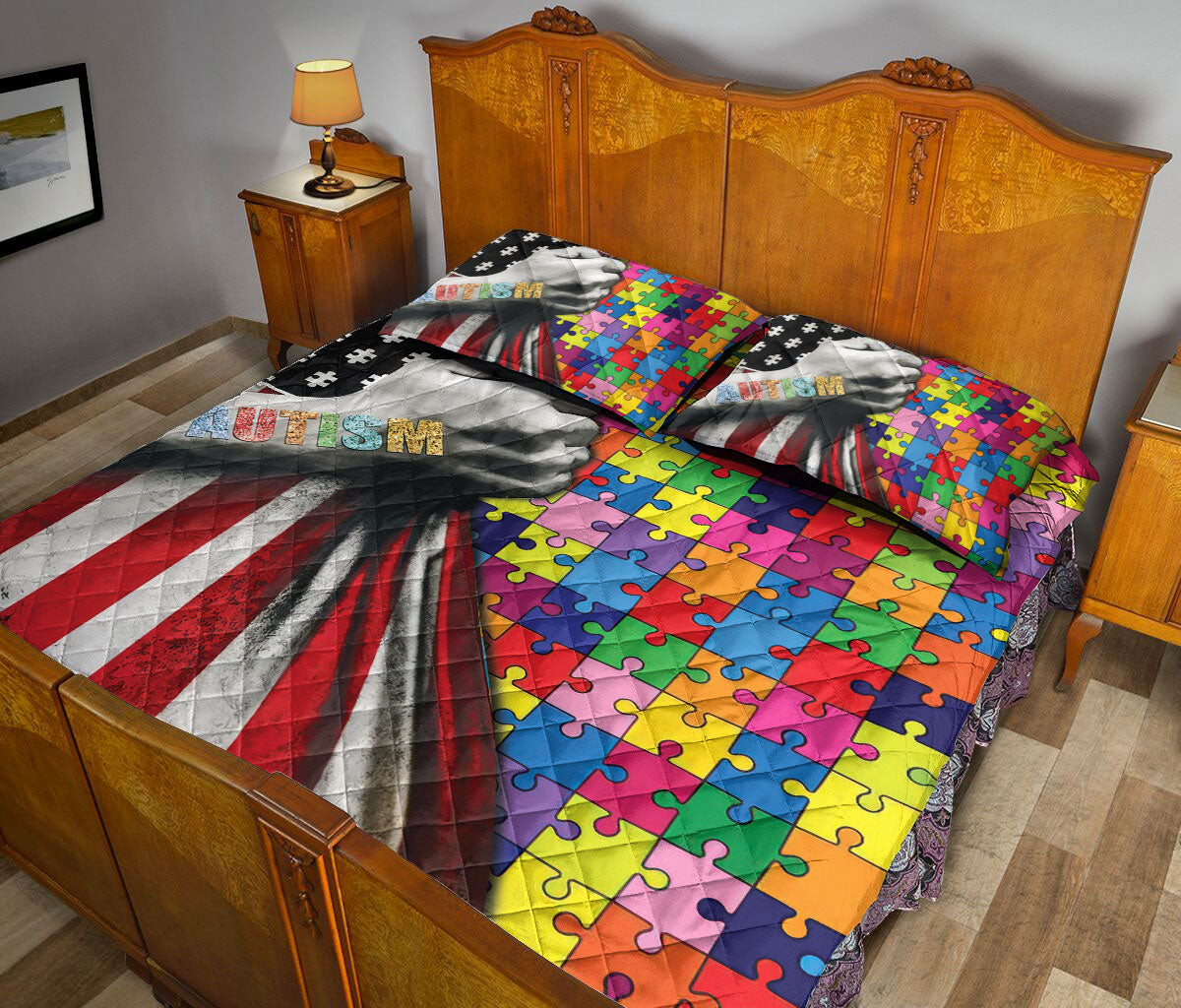Autism Quilt Set, Autism Awareness Asd American Us Flag Support Quilt Blanket With Pillowcases, Quilt Bedding Set
