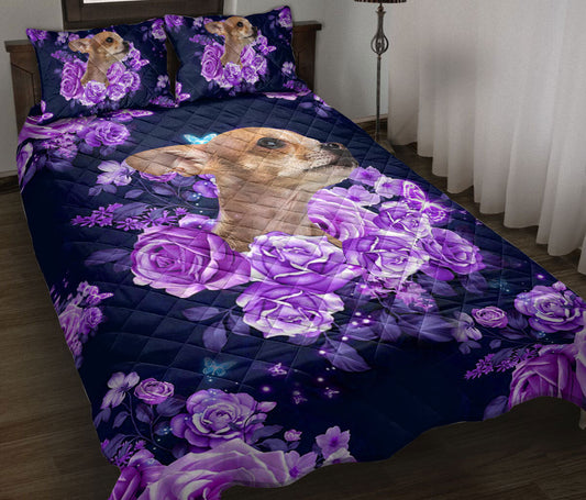 Chihuahua Quilt Set, Chihuahua Purple Rose Flower Floral Chihuahua Dog Puppy Quilt Blanket With Pillowcases, Quilt Bedding Set