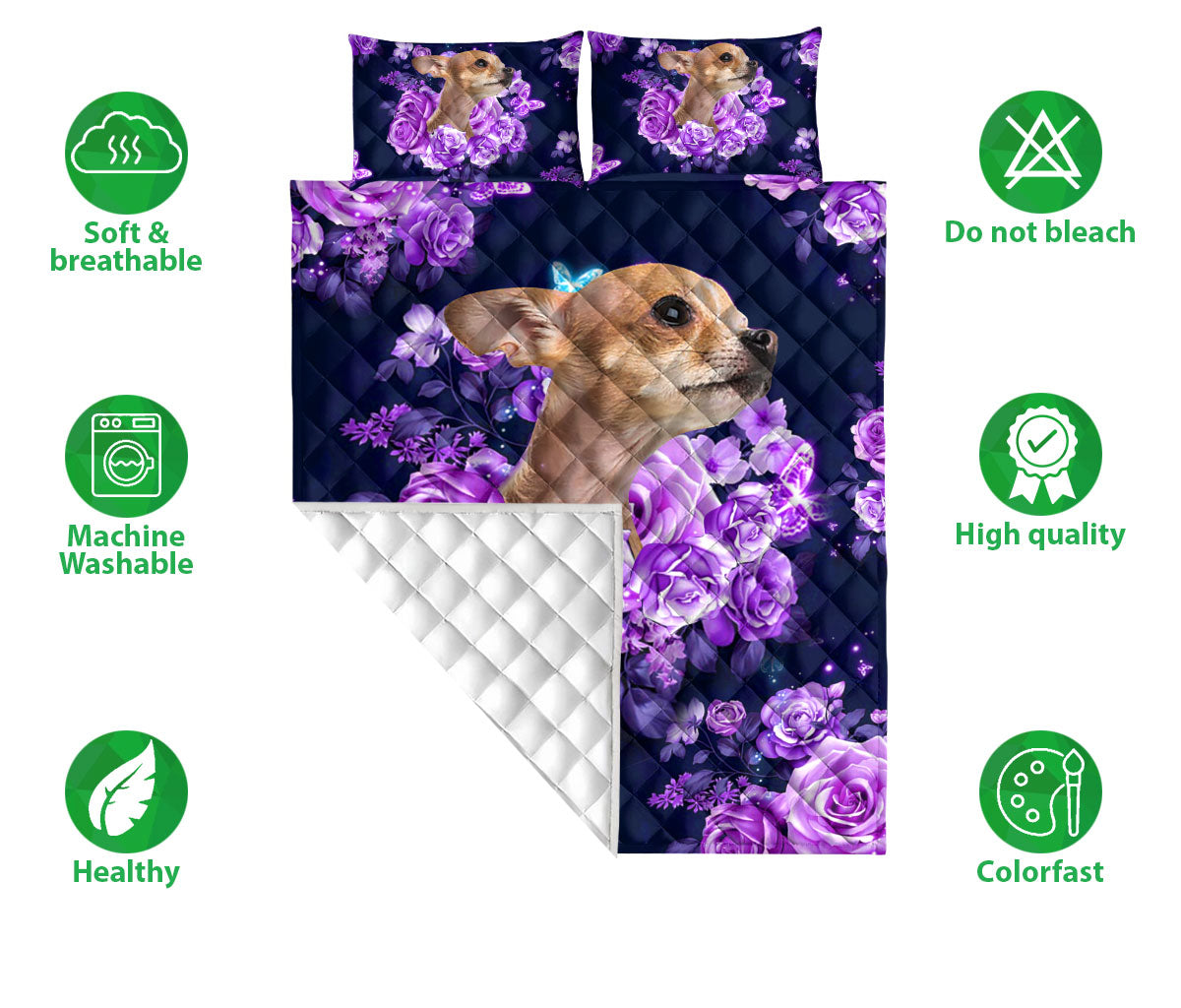 Chihuahua Quilt Set, Chihuahua Purple Rose Flower Floral Chihuahua Dog Puppy Quilt Blanket With Pillowcases, Quilt Bedding Set