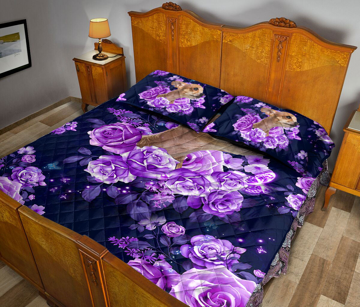 Chihuahua Quilt Set, Chihuahua Purple Rose Flower Floral Chihuahua Dog Puppy Quilt Blanket With Pillowcases, Quilt Bedding Set