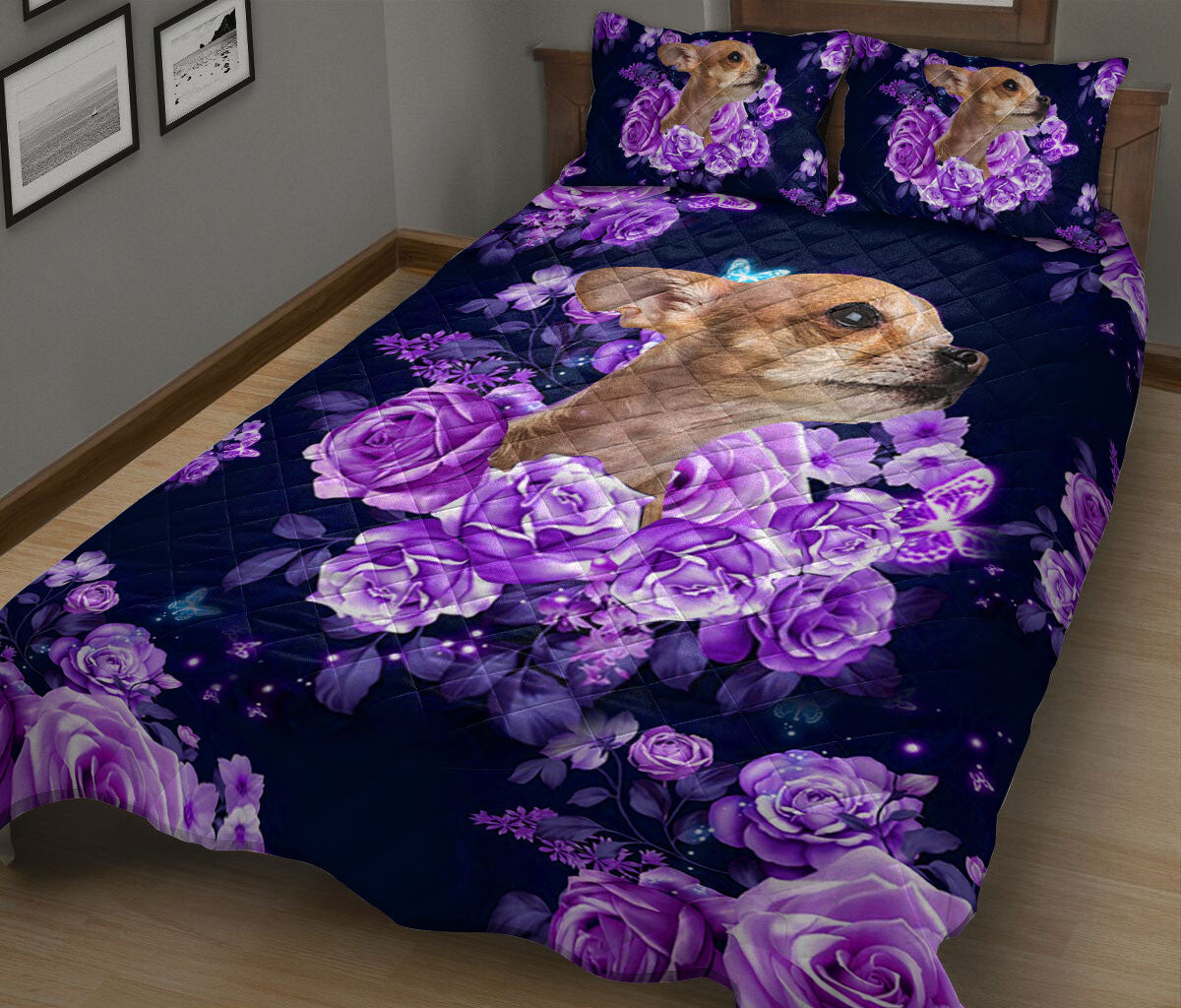 Chihuahua Quilt Set, Chihuahua Purple Rose Flower Floral Chihuahua Dog Puppy Quilt Blanket With Pillowcases, Quilt Bedding Set