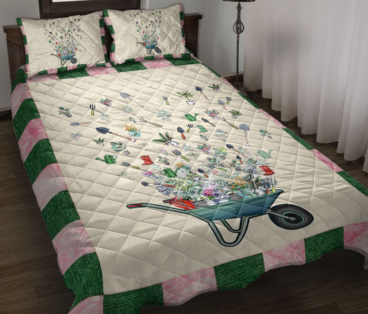 Gardening Quilt Set, Garden Flower Tree Gardenings Green Beige Quilt Blanket With Pillowcases, Quilt Bedding Set