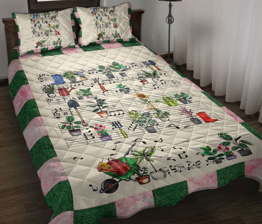 Gardening Quilt Set, Garden Flower Tree Music Note Gardenings Green Beige Quilt Blanket With Pillowcases, Quilt Bedding Set