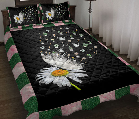 Gardening Quilt Set, Garden Daisy Flower Floral Gardenings Green Black Quilt Blanket With Pillowcases, Quilt Bedding Set