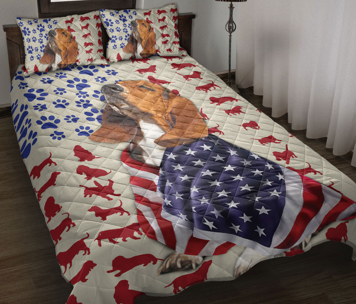 Basset Hound Quilt Set, Basset Hound Patriotic Us Flag Dog Quilt Blanket With Pillowcases, Quilt Bedding Set