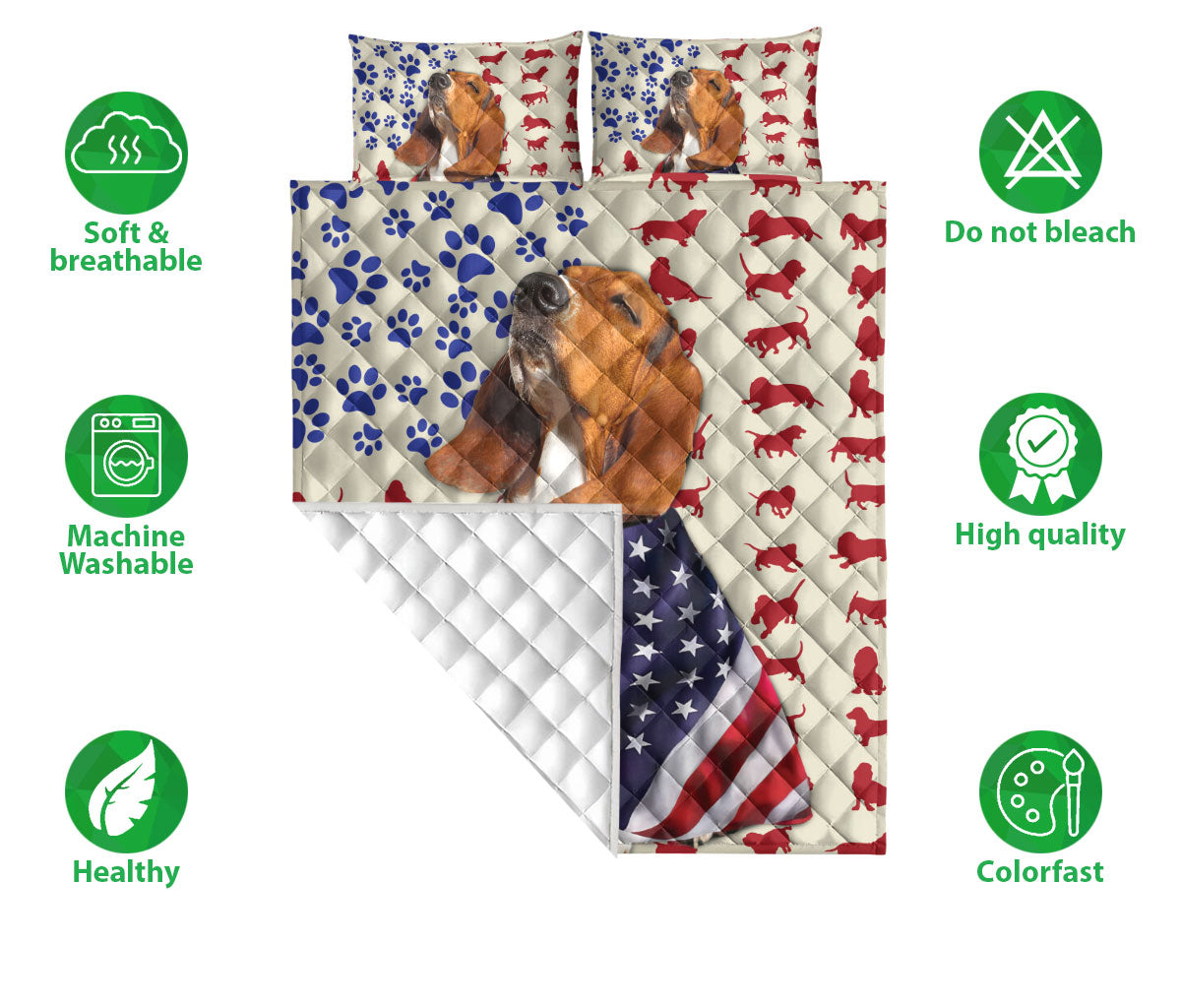 Basset Hound Quilt Set, Basset Hound Patriotic Us Flag Dog Quilt Blanket With Pillowcases, Quilt Bedding Set