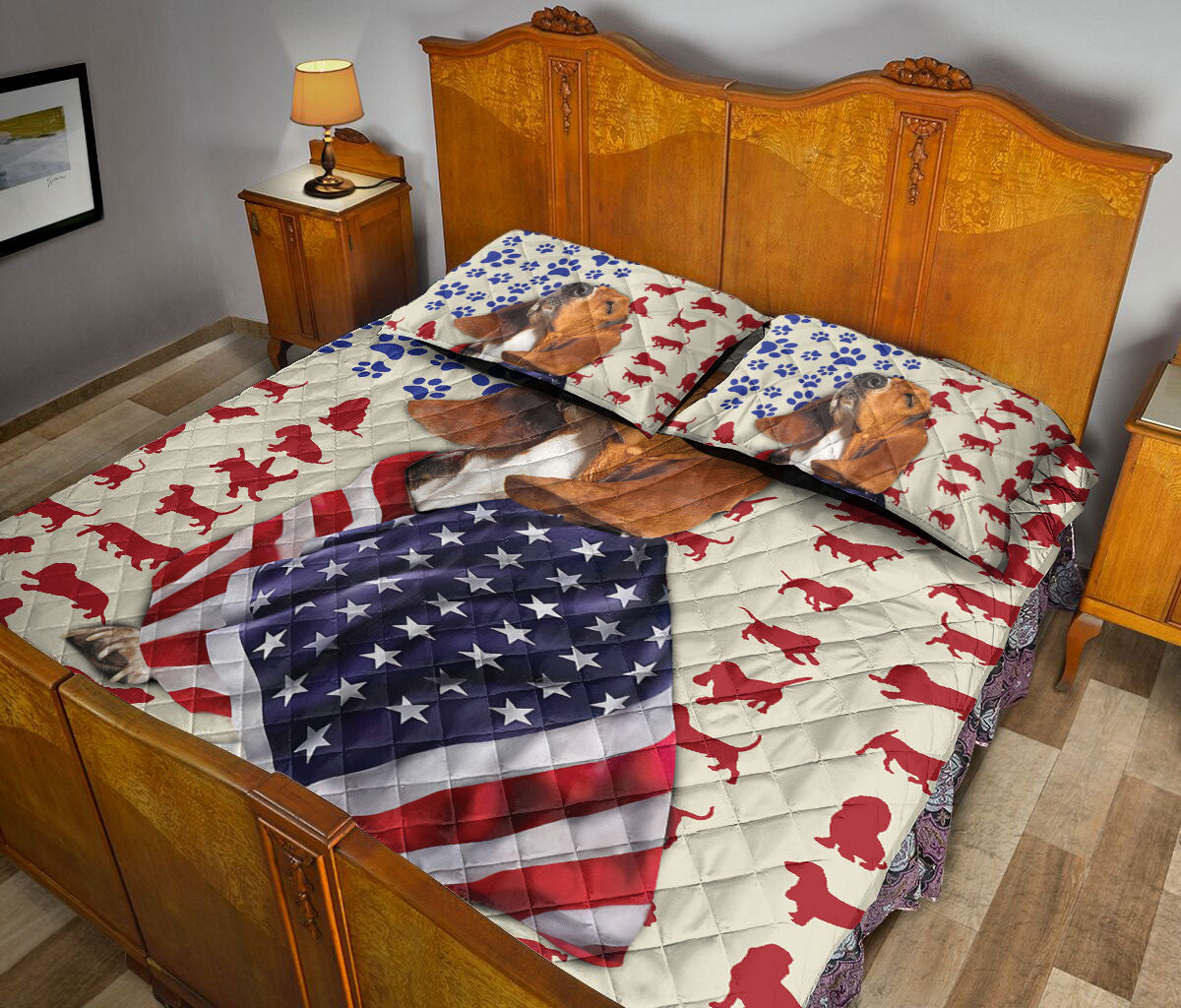 Basset Hound Quilt Set, Basset Hound Patriotic Us Flag Dog Quilt Blanket With Pillowcases, Quilt Bedding Set