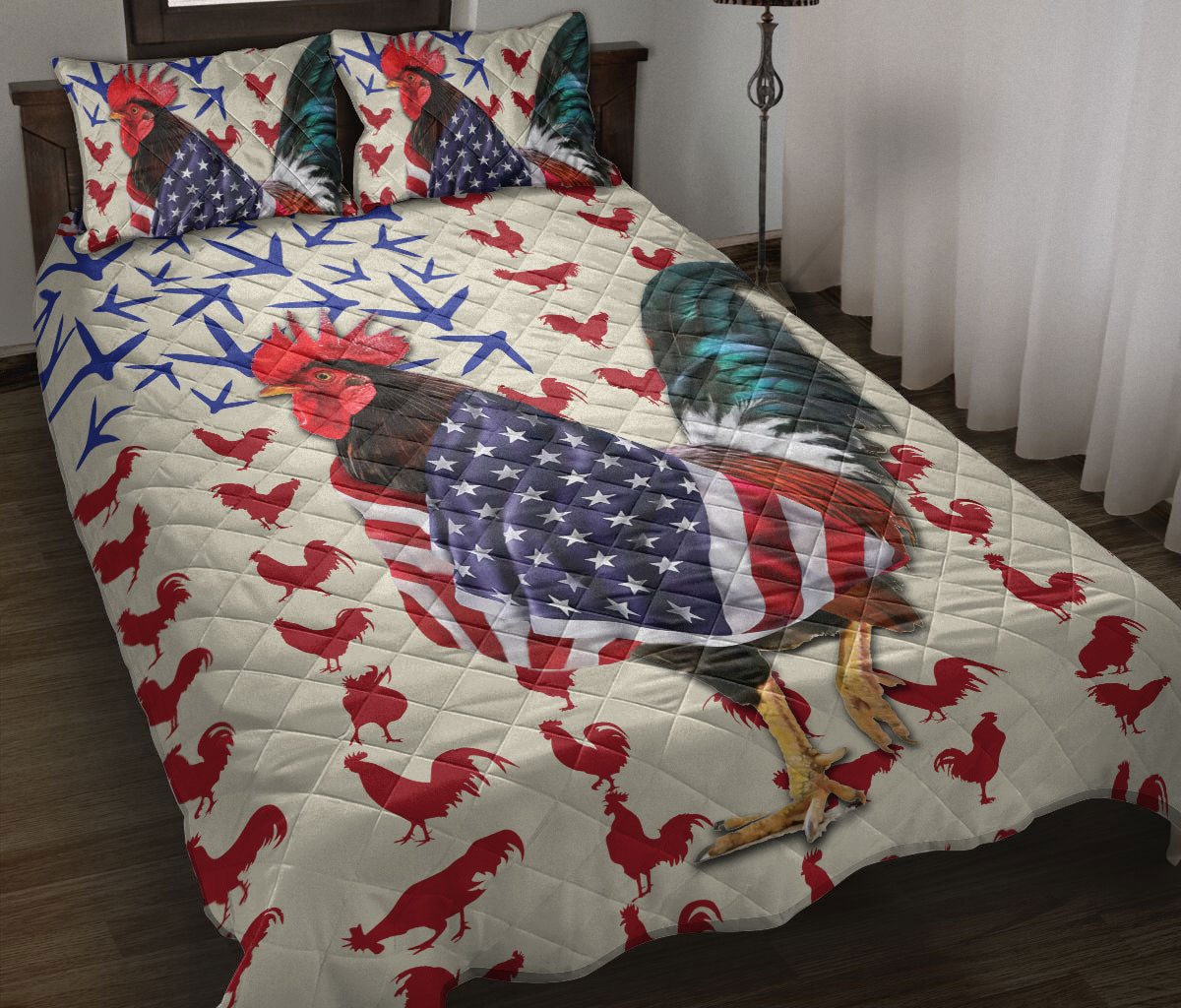 Chicken Quilt Set, Chicken Rooster Patriotic Us Flag Quilt Blanket With Pillowcases, Quilt Bedding Set