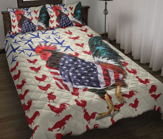 Chicken Quilt Set, Chicken Rooster Patriotic Us Flag Quilt Blanket With Pillowcases, Quilt Bedding Set