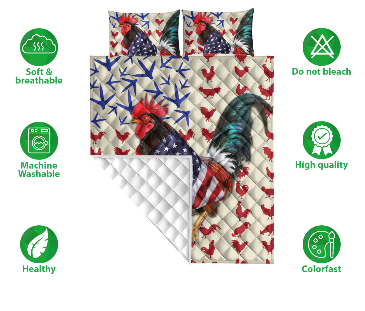 Chicken Quilt Set, Chicken Rooster Patriotic Us Flag Quilt Blanket With Pillowcases, Quilt Bedding Set