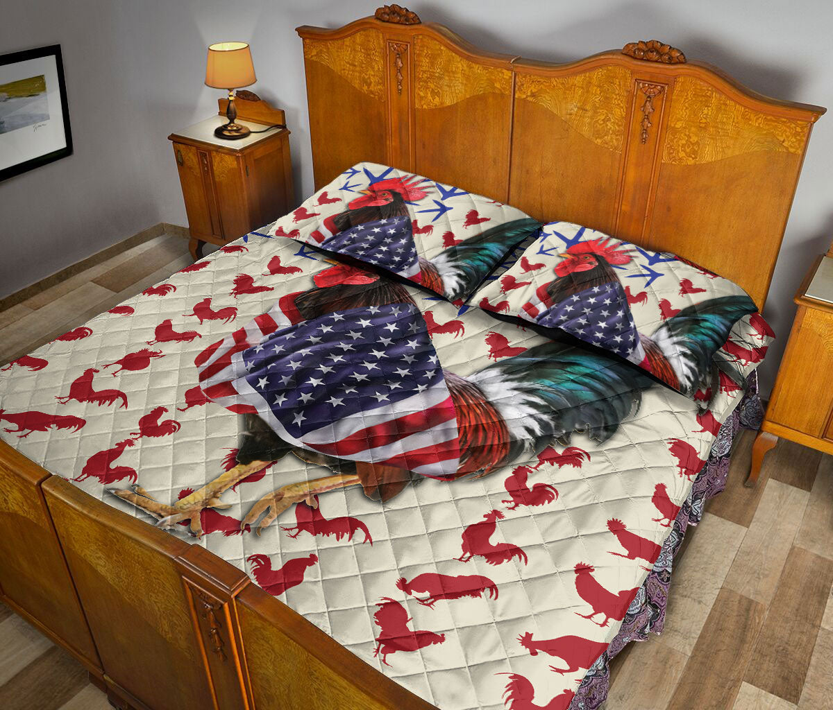 Chicken Quilt Set, Chicken Rooster Patriotic Us Flag Quilt Blanket With Pillowcases, Quilt Bedding Set