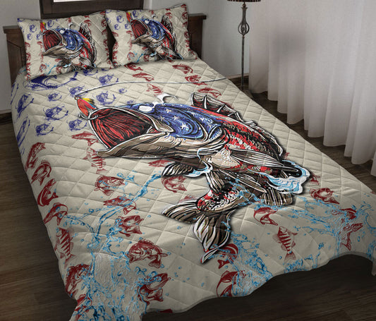 Fishing Quilt Set, Fishing Big Bass Fish Us Flag Quilt Blanket With Pillowcases, Quilt Bedding Set