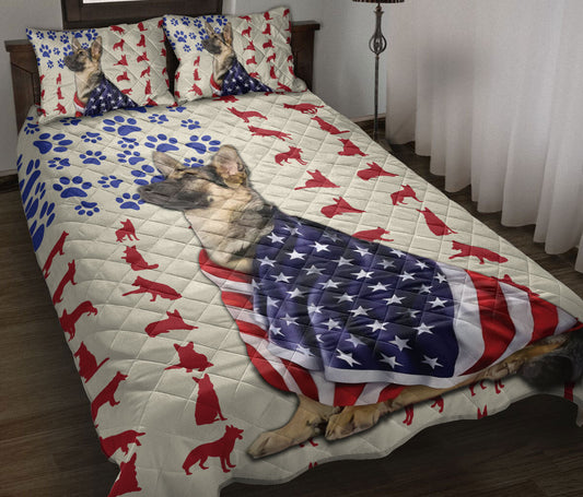 German Shepherd Quilt Set, German Shepherd Patriotic Us Flag Dog Quilt Blanket With Pillowcases, Quilt Bedding Set