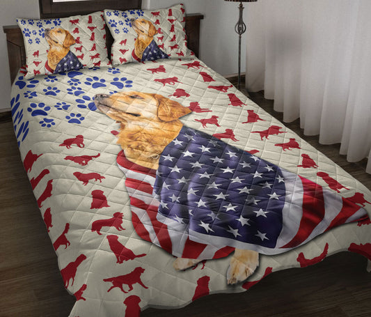 Golden Retriever Quilt Set, Golden Retriever Patriotic Us Flag Dog Quilt Blanket With Pillowcases, Quilt Bedding Set