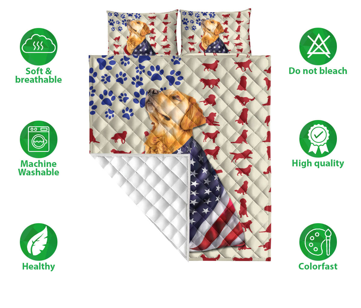Golden Retriever Quilt Set, Golden Retriever Patriotic Us Flag Dog Quilt Blanket With Pillowcases, Quilt Bedding Set
