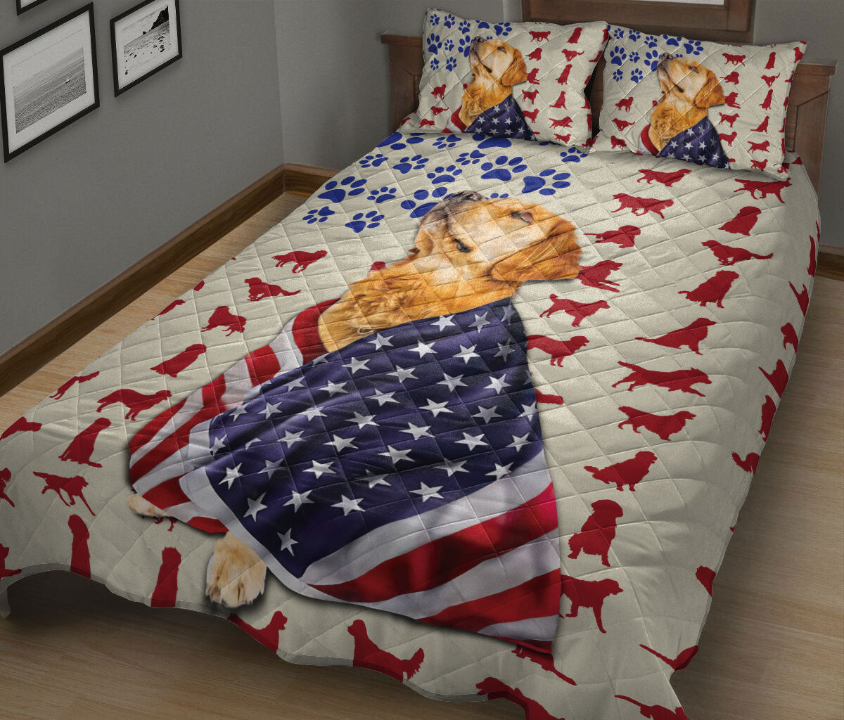 Golden Retriever Quilt Set, Golden Retriever Patriotic Us Flag Dog Quilt Blanket With Pillowcases, Quilt Bedding Set
