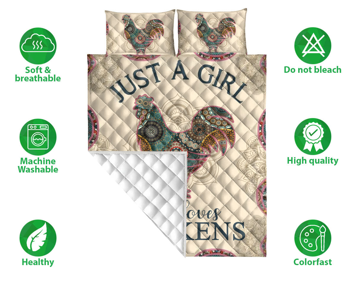 Chicken Quilt Set, J Ust A Girl Who Loves Chickens Mandala Quilt Blanket With Pillowcases, Quilt Bedding Set
