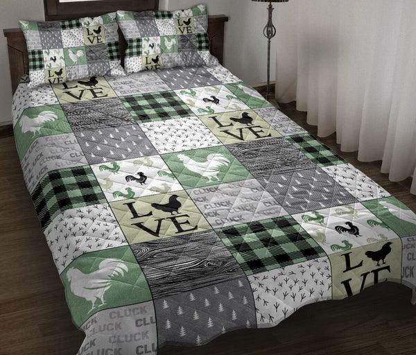 Custom Chicken 3-Piece Quilt Bedding Set, Love Chickens Patchwork Farm Quilt Blanket With Pillowcases