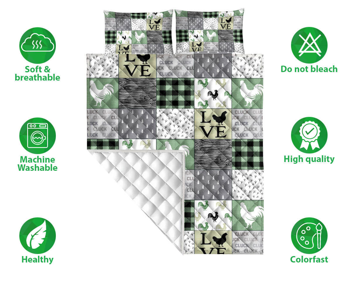 Chicken Quilt Set, Love Chickens Patchwork Farm Quilt Blanket With Pillowcases, Quilt Bedding Set