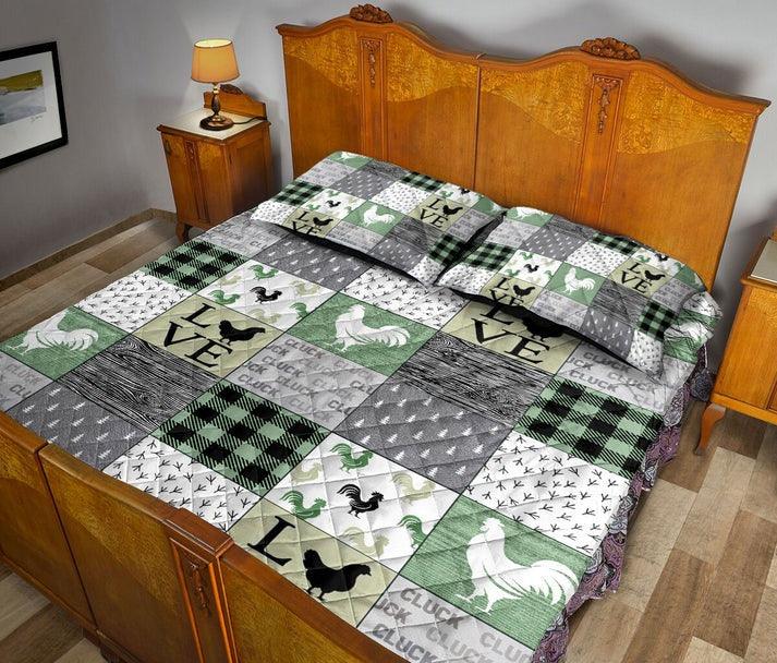 Custom Chicken 3-Piece Quilt Bedding Set, Love Chickens Patchwork Farm Quilt Blanket With Pillowcases