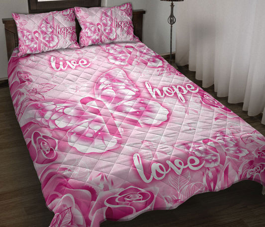 Breast Cancer Quilt Set, Breast Cancer Awareness Hope Pink Butterfly Get Well Soons Quilt Blanket With Pillowcases, Quilt Bedding Set