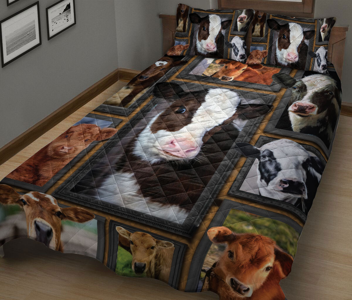 Cattle Quilt Set, Cute Cow Cattle Patchwork Farm Quilt Blanket With Pillowcases, Quilt Bedding Set