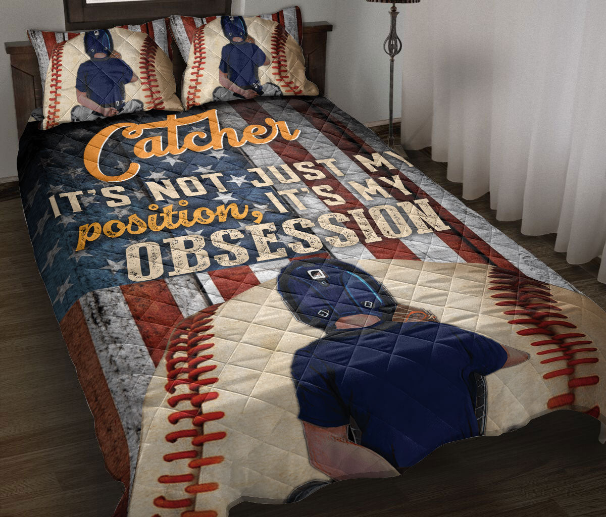 Baseball Quilt Set, Baseball Player Catcher It'S My Obsession Us Flag Quilt Blanket With Pillowcases, Quilt Bedding Set, Sports Gifts