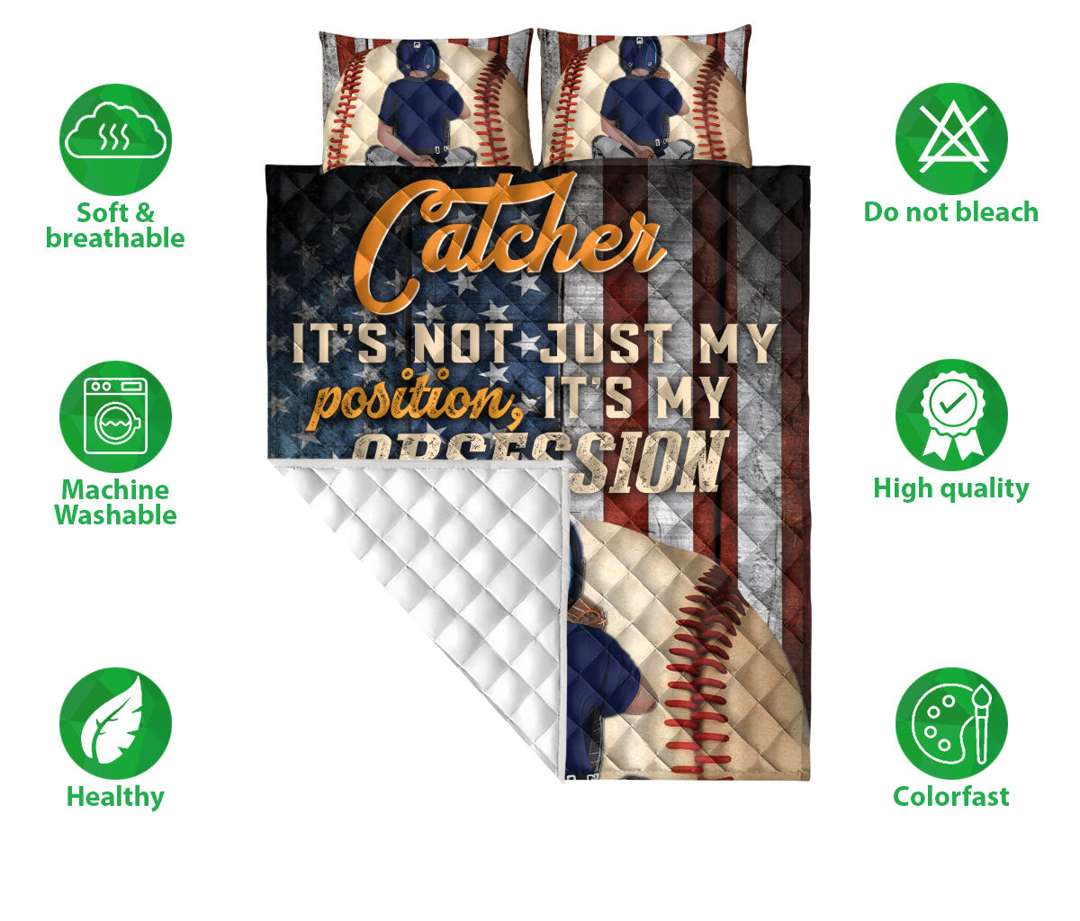 Baseball Quilt Set, Baseball Player Catcher It'S My Obsession Us Flag Quilt Blanket With Pillowcases, Quilt Bedding Set, Sports Gifts