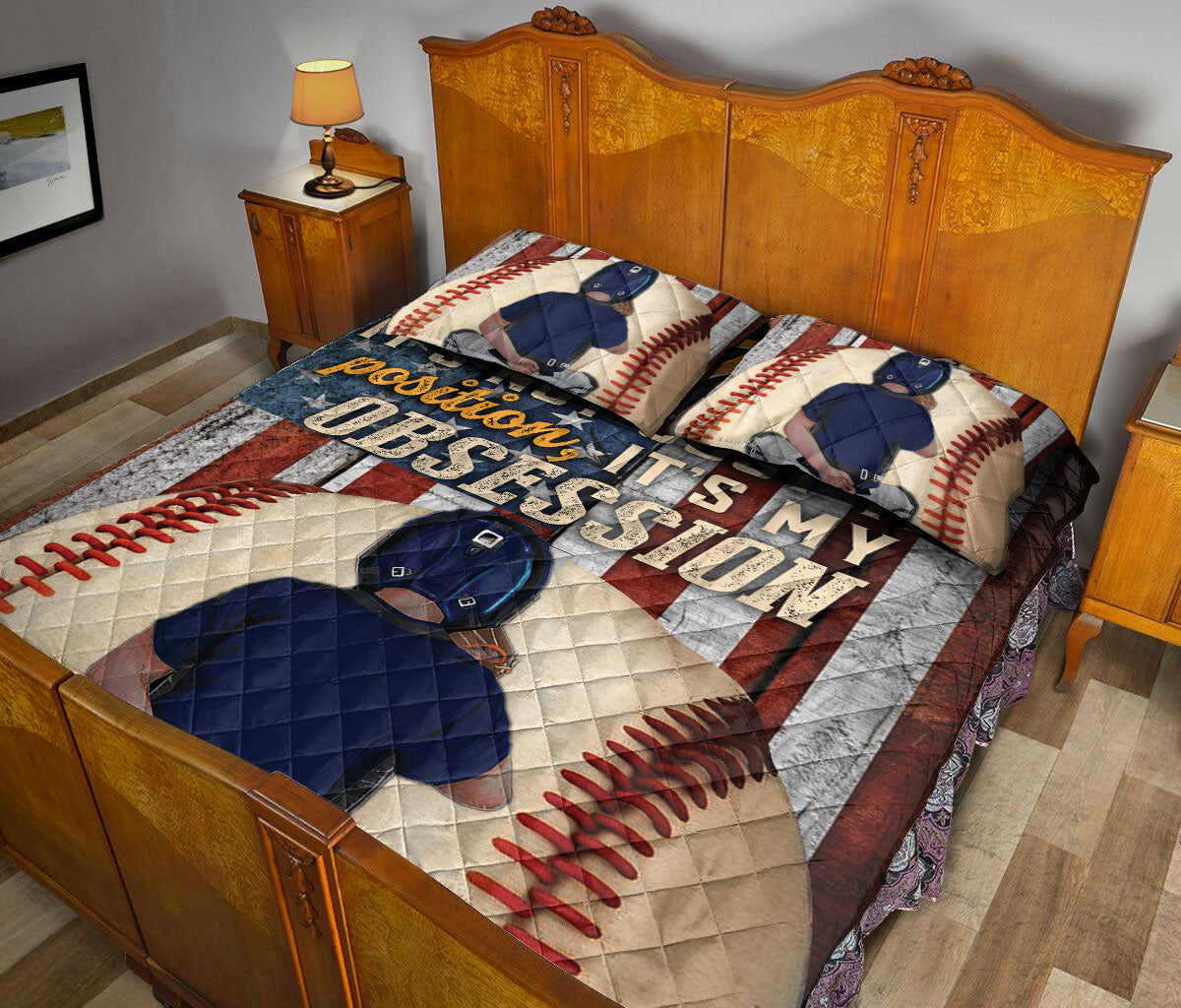 Baseball Quilt Set, Baseball Player Catcher It'S My Obsession Us Flag Quilt Blanket With Pillowcases, Quilt Bedding Set, Sports Gifts
