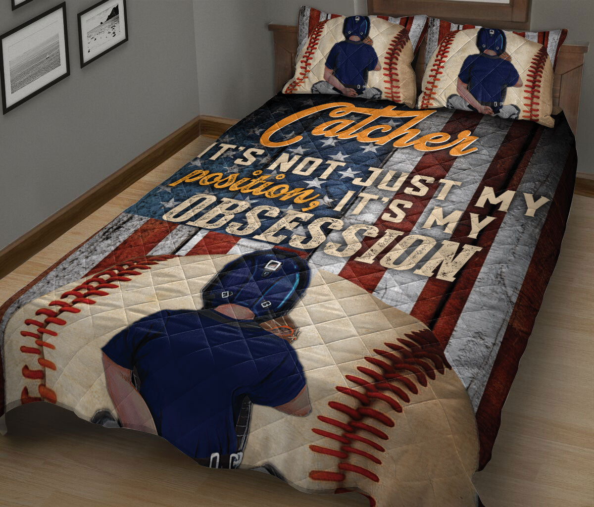 Baseball Quilt Set, Baseball Player Catcher It'S My Obsession Us Flag Quilt Blanket With Pillowcases, Quilt Bedding Set, Sports Gifts