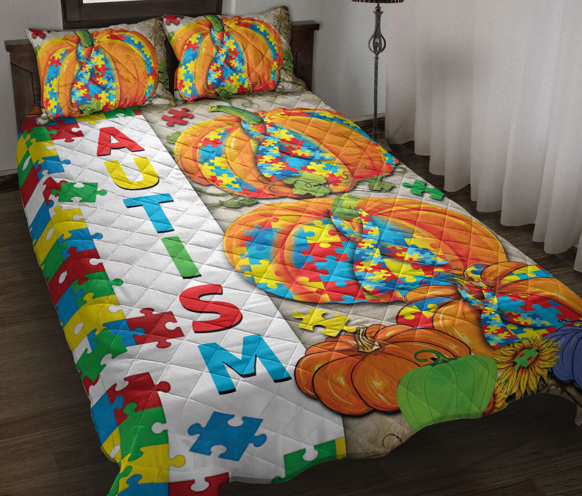 Autism Quilt Set, Autism Awareness Pumpkin Support Quilt Blanket With Pillowcases, Quilt Bedding Set