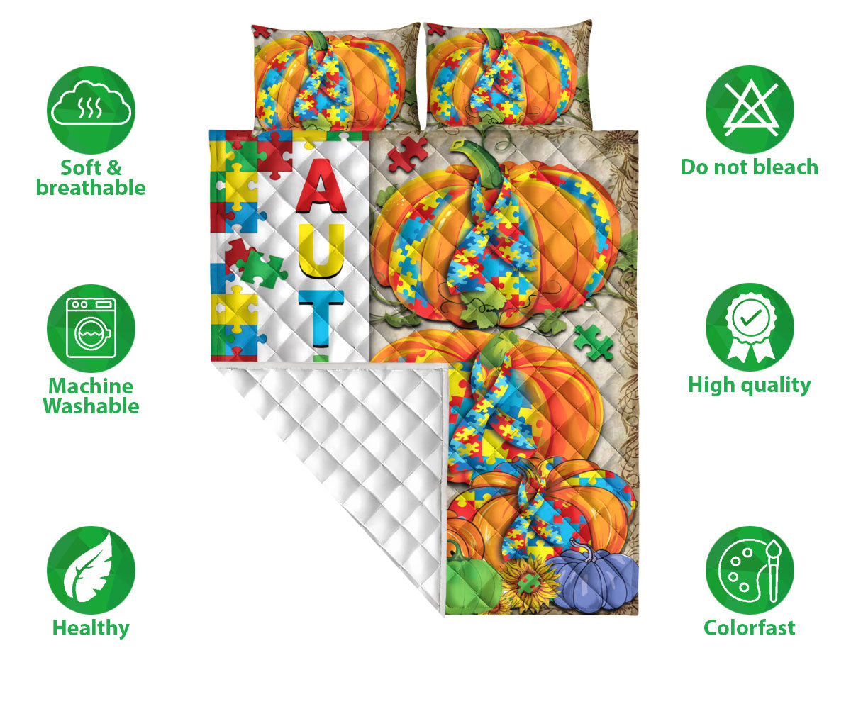 Autism Quilt Set, Autism Awareness Pumpkin Support Quilt Blanket With Pillowcases, Quilt Bedding Set