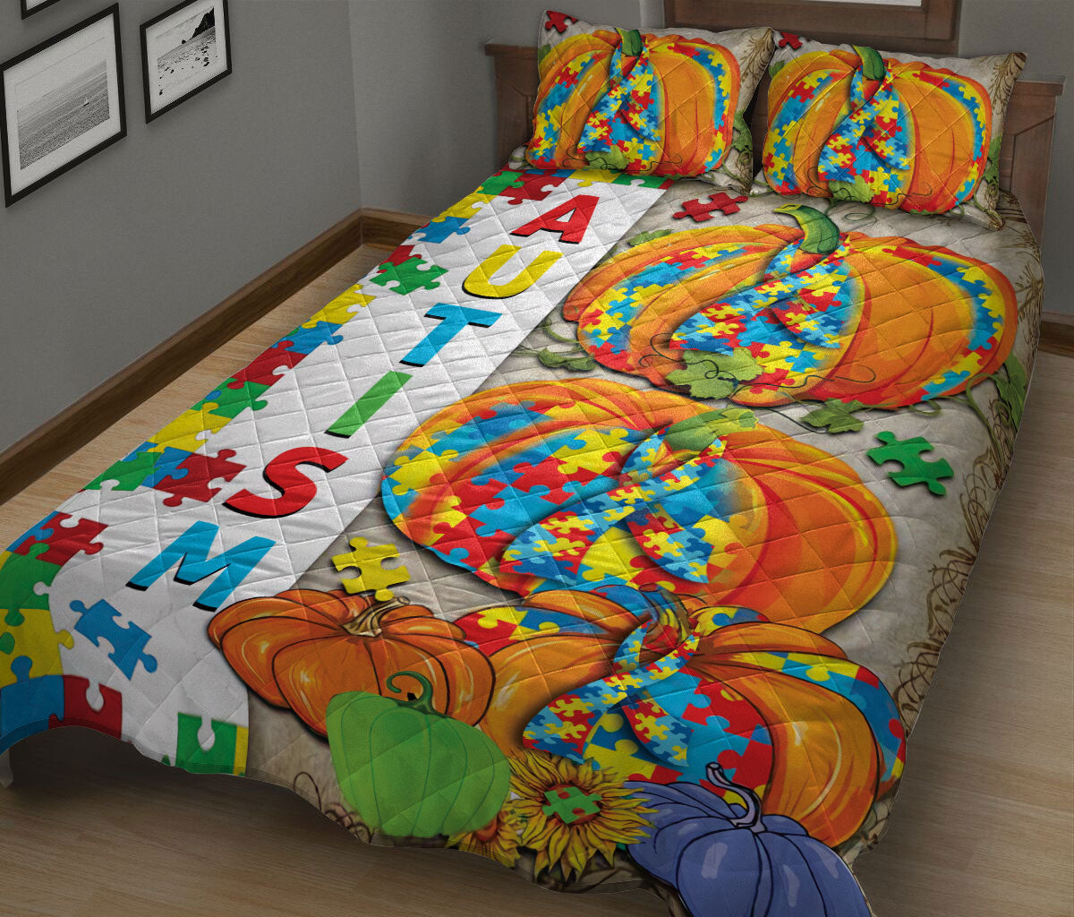 Autism Quilt Set, Autism Awareness Pumpkin Support Quilt Blanket With Pillowcases, Quilt Bedding Set