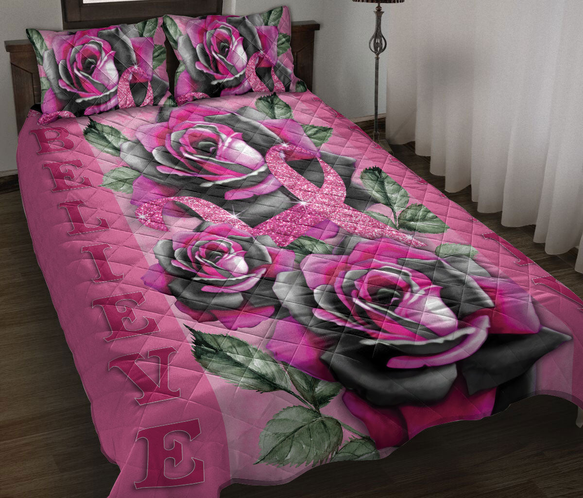 Breast Cancer Quilt Set, Breast Cancer Awareness Pink Rose Floral Get Well Soon Quilt Blanket With Pillowcases, Quilt Bedding Set