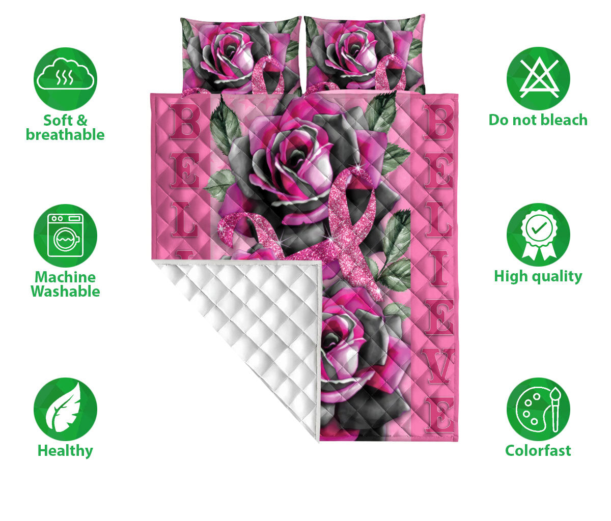 Breast Cancer Quilt Set, Breast Cancer Awareness Pink Rose Floral Get Well Soon Quilt Blanket With Pillowcases, Quilt Bedding Set
