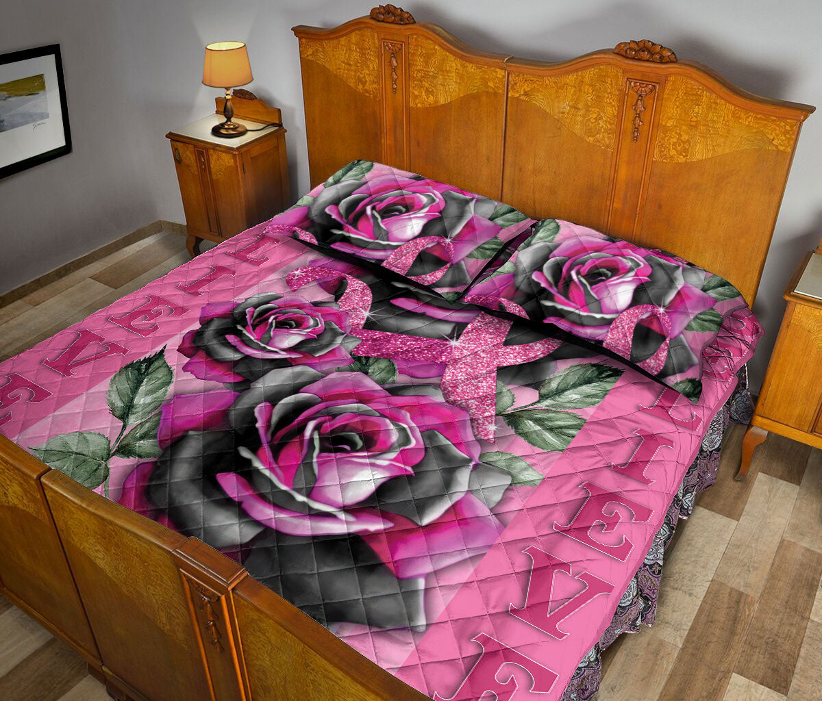 Breast Cancer Quilt Set, Breast Cancer Awareness Pink Rose Floral Get Well Soon Quilt Blanket With Pillowcases, Quilt Bedding Set