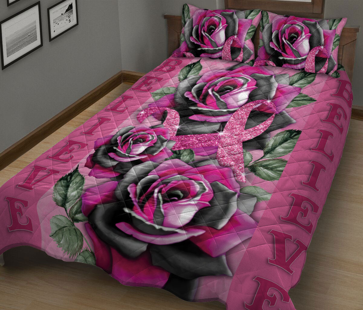 Breast Cancer Quilt Set, Breast Cancer Awareness Pink Rose Floral Get Well Soon Quilt Blanket With Pillowcases, Quilt Bedding Set