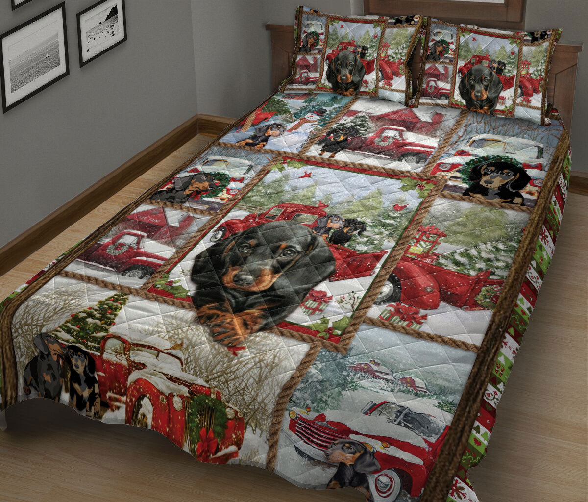 Dachshund Quilt Set, Dachshund Weiner Doxie Dogmas Patchwork Quilt Blanket With Pillowcases, Quilt Bedding Set, Christmas Gift