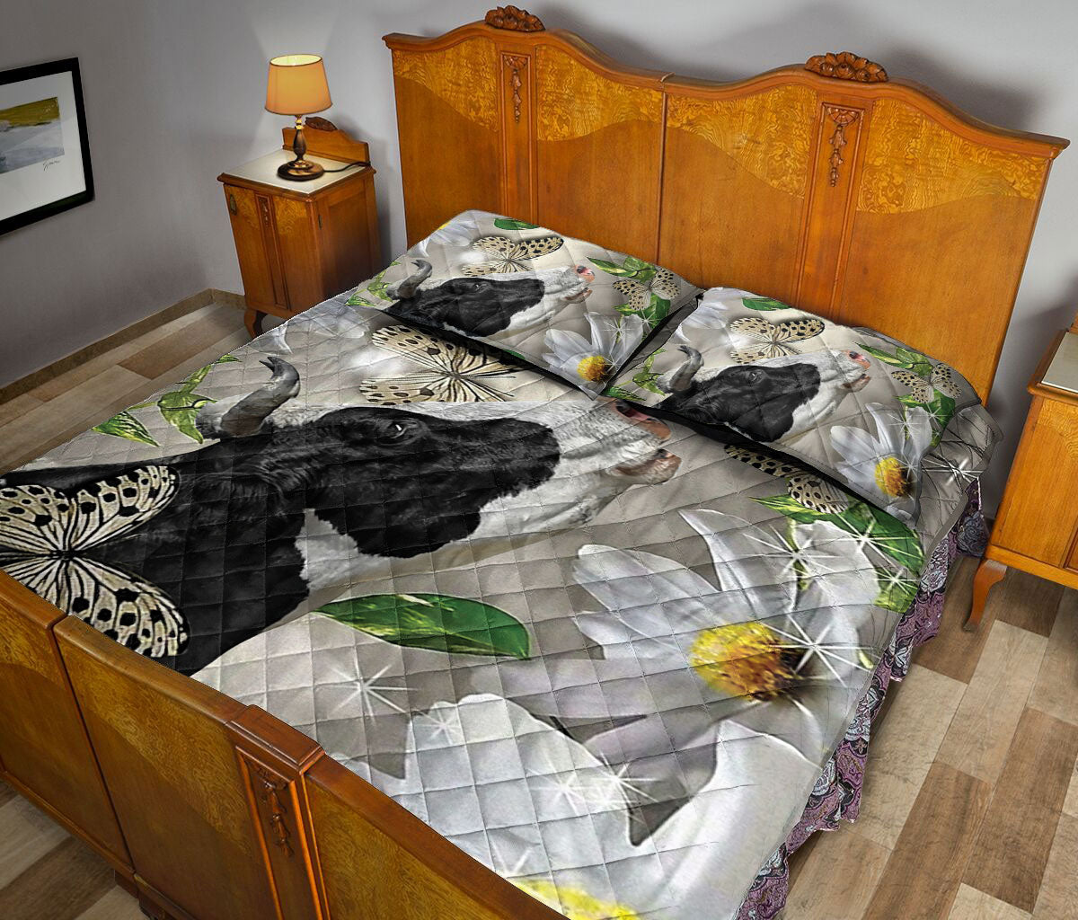 Cattle Quilt Set, Dairy Cow Cattle Butterfly Daisy Floral Quilt Blanket With Pillowcases, Quilt Bedding Set