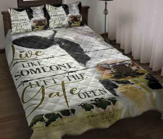 Cattle Quilt Set, Dairy Cow Cattle Live Like Someone Left The Gate Open Quilt Blanket With Pillowcases, Quilt Bedding Set