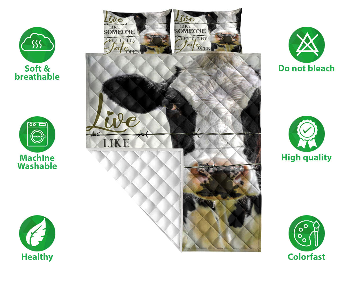 Cattle Quilt Set, Dairy Cow Cattle Live Like Someone Left The Gate Open Quilt Blanket With Pillowcases, Quilt Bedding Set