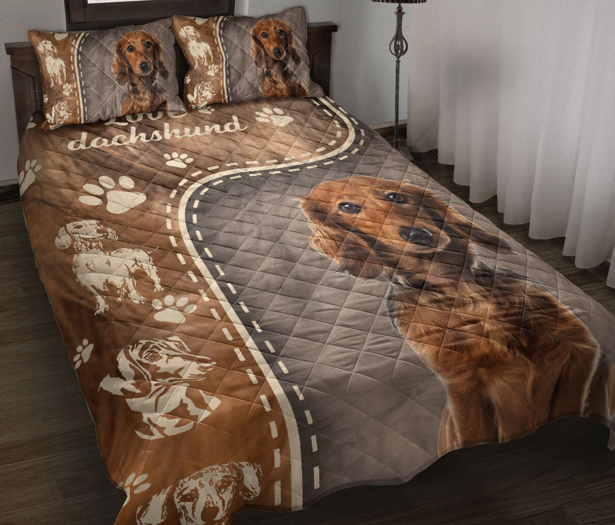 Dachshund Quilt Set, Love Dachshund Weiner Doxie Dog Dog Quilt Blanket With Pillowcases, Quilt Bedding Set