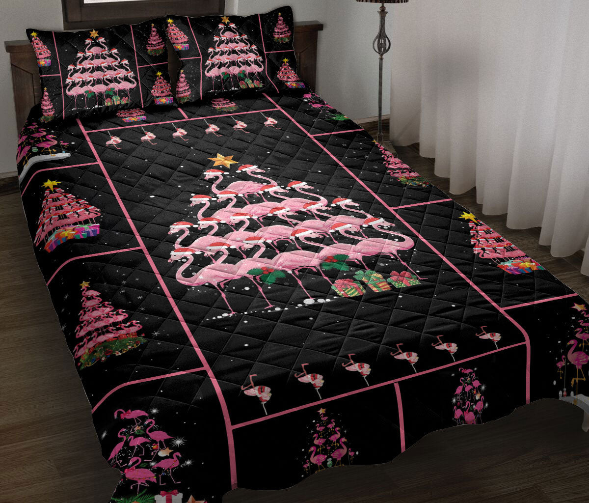 Flamingo Quilt Set, Flamingo Pine Treemas Patchwork Quilt Blanket With Pillowcases, Quilt Bedding Set, Christmas Gift