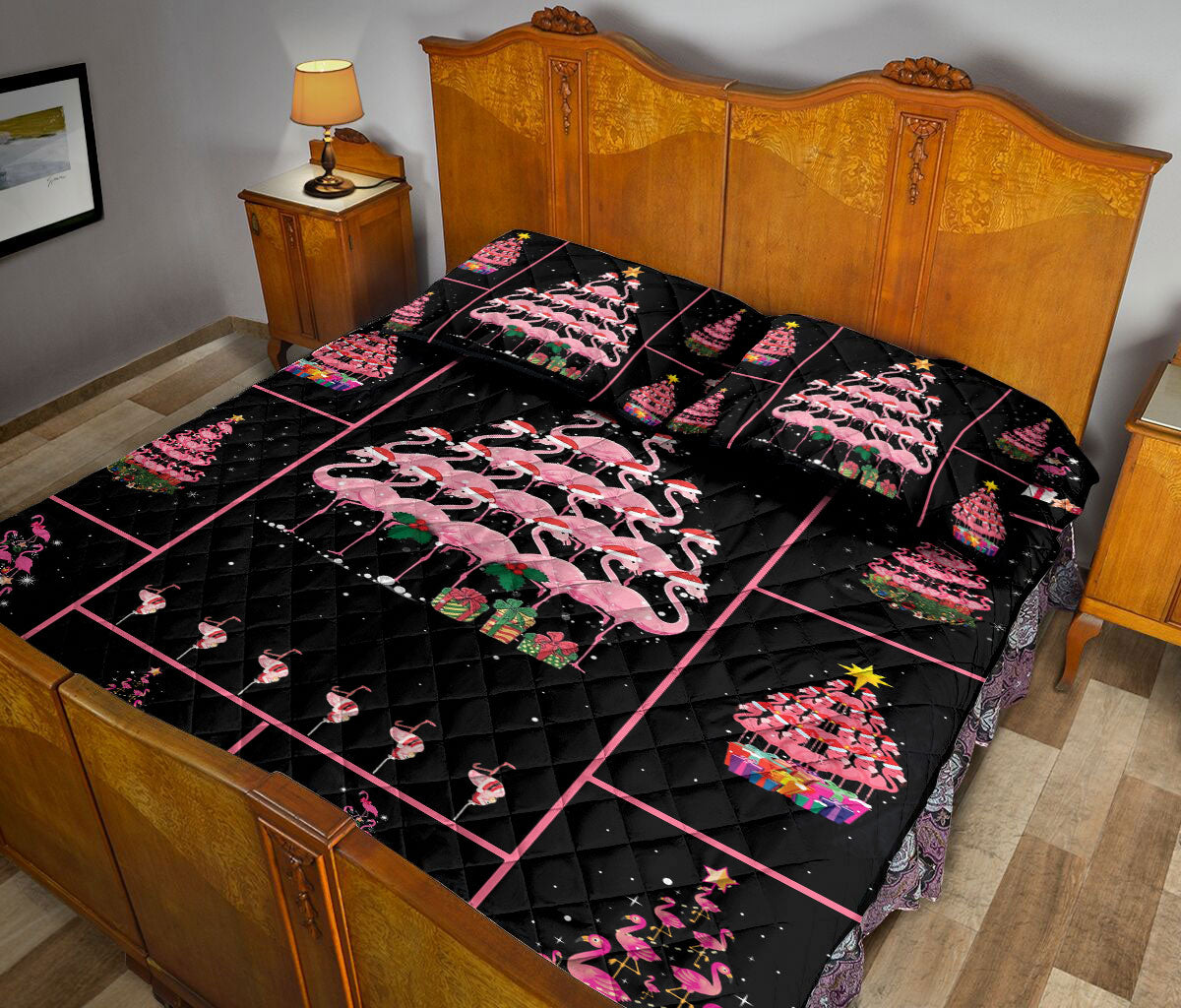 Flamingo Quilt Set, Flamingo Pine Treemas Patchwork Quilt Blanket With Pillowcases, Quilt Bedding Set, Christmas Gift