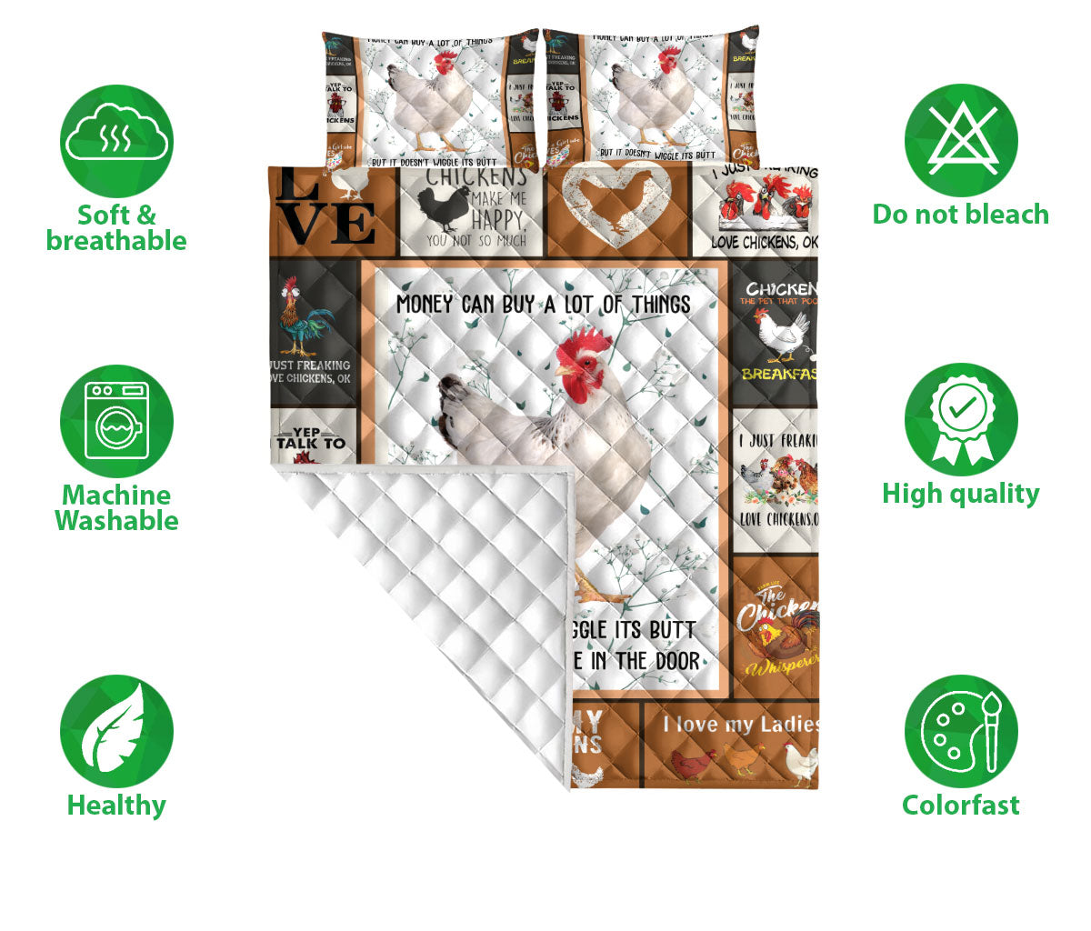 Chicken Quilt Set, I Love My Chickens Patchwork Farm Quilt Blanket With Pillowcases, Quilt Bedding Set