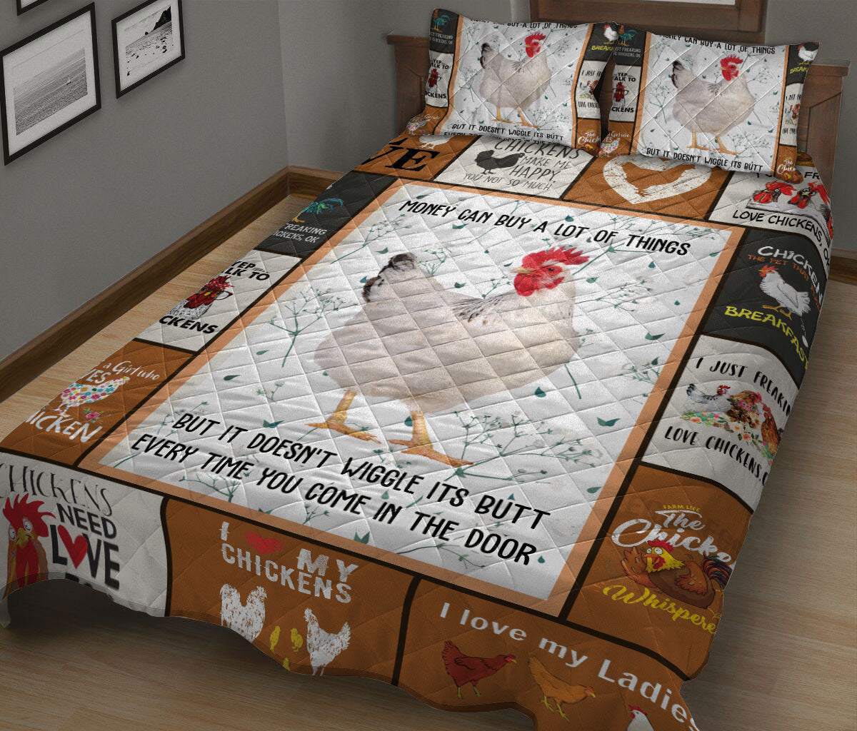 Chicken Quilt Set, I Love My Chickens Patchwork Farm Quilt Blanket With Pillowcases, Quilt Bedding Set