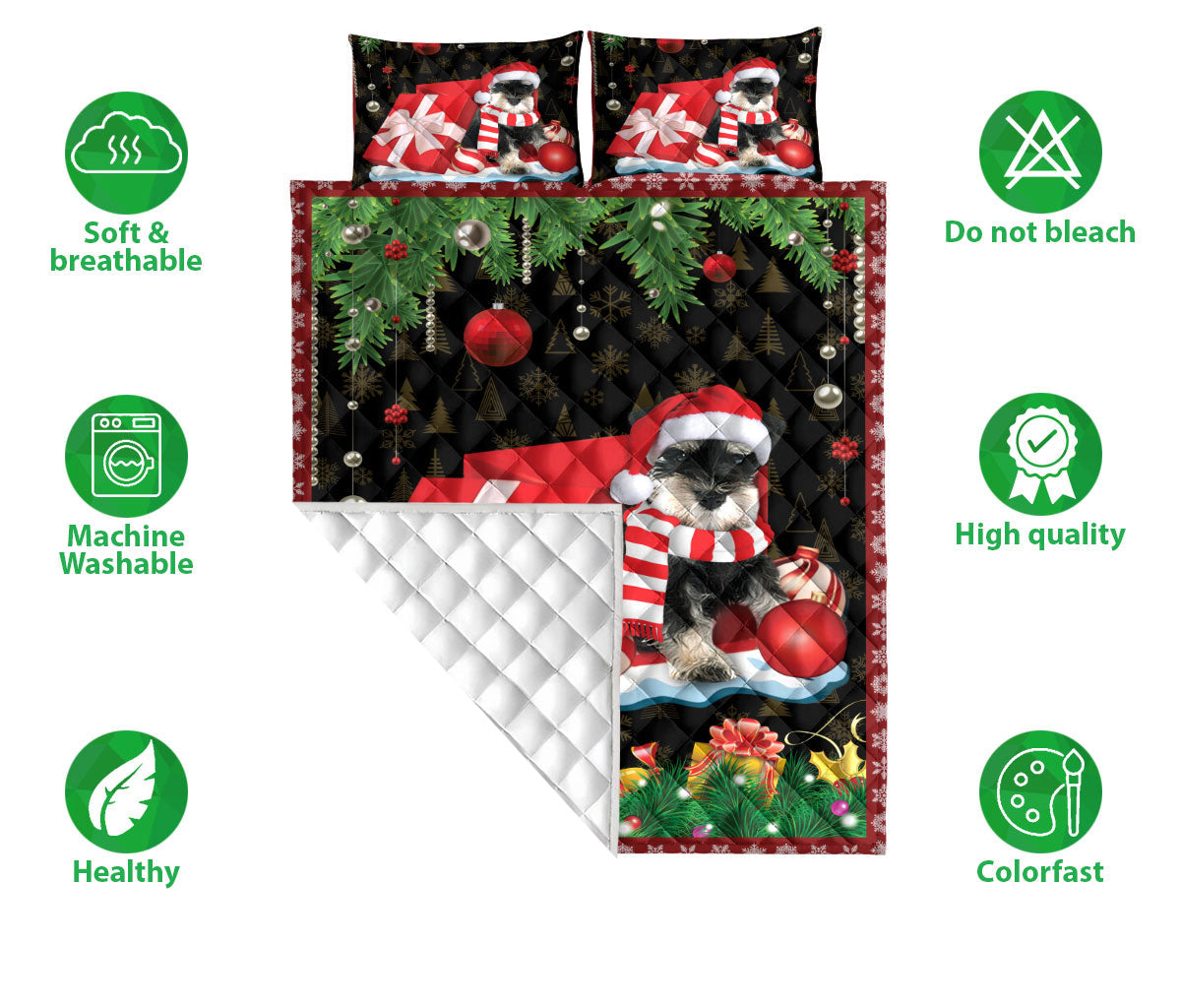 Miniature Schnauzer Quilt Set, Miniature Schnauzer Dog Merrymas Dog Quilt Blanket With Pillowcases, Quilt Bedding Set, Christmas Gift