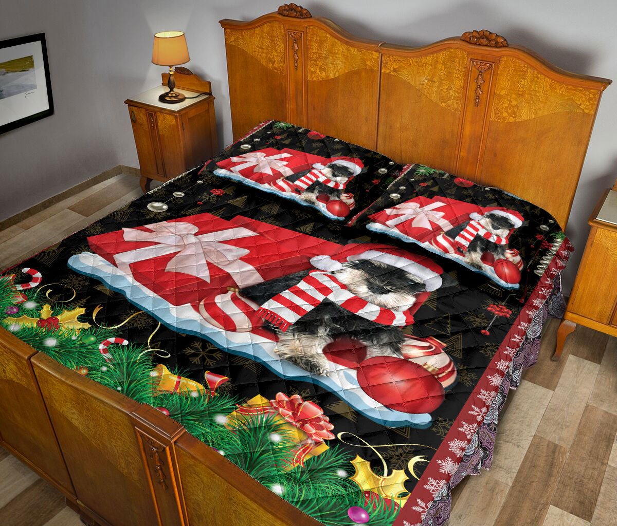 Miniature Schnauzer Quilt Set, Miniature Schnauzer Dog Merrymas Dog Quilt Blanket With Pillowcases, Quilt Bedding Set, Christmas Gift